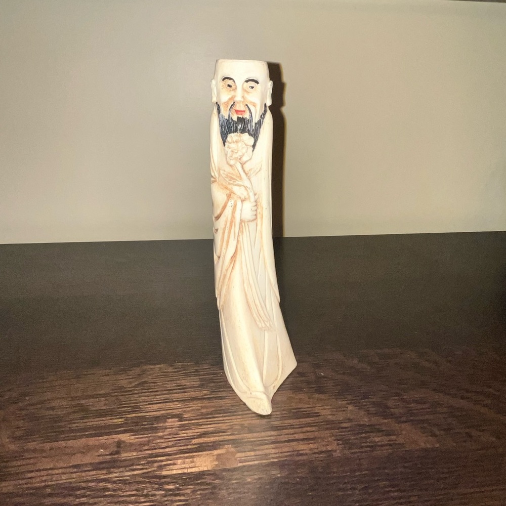 Vintage Hand Carved Bone Asian Figure Wise Man Flower Sculpture